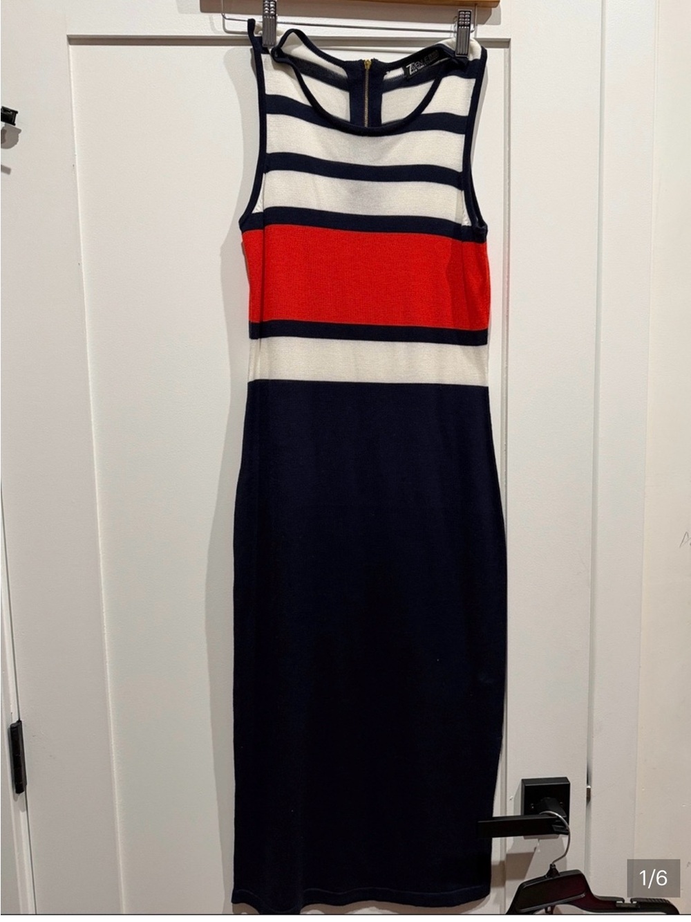 7th Avenue Design Studio Sleeveless Striped Navy, White & Red Midi Dress